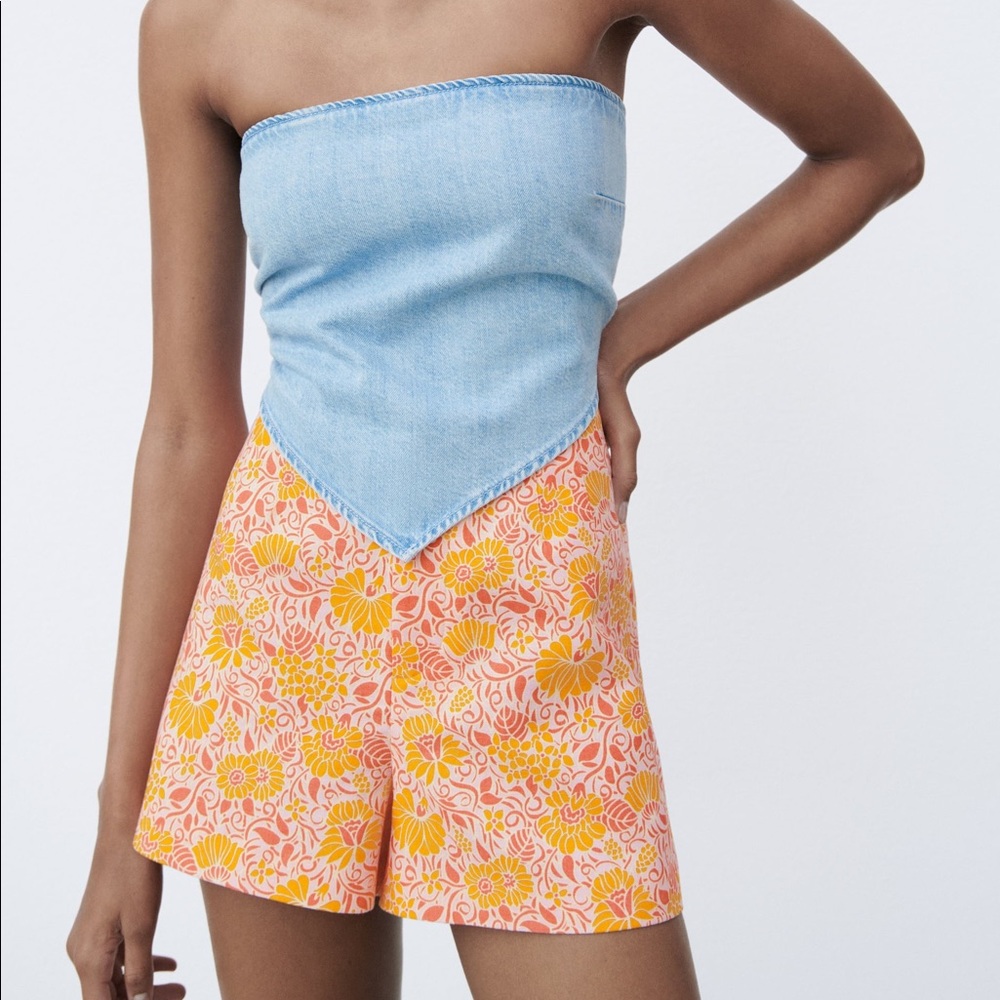 Zara Linen Blend Floral Printed Shorts NWT